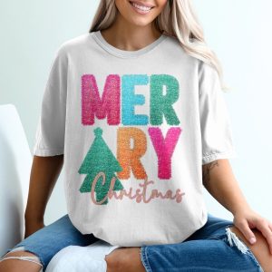 Merry Christmas T-Shirt, Festive Holiday Tee, Glitter Christmas Tree, Colorful Christmas Shirt, Christmas Gift Idea