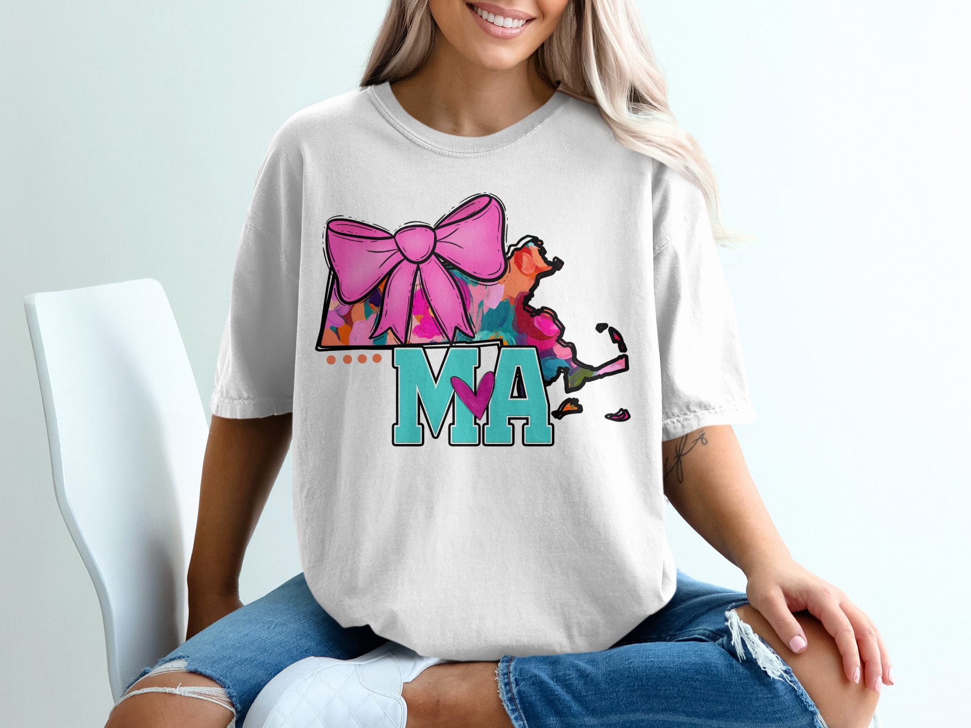 Massachusetts T Shirt, MA State Pride, Heart State T-Shirt, Cute Bow T-Shirt, Vibrant MA T-Shirt, New England T-Shirt, MA Lover T-Shirt