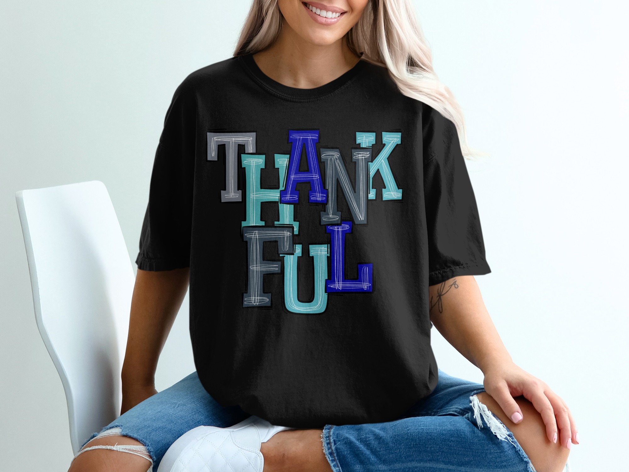 Thankful Blocks Stylish Graphic Print Apparel T-Shirt - Image 2