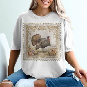 Vintage Turkey Stamp T-Shirt, Ornamental Design, Thanksgiving Apparel, Classic Bird Tee, Elegant Style, Detailed Artwork Shirt