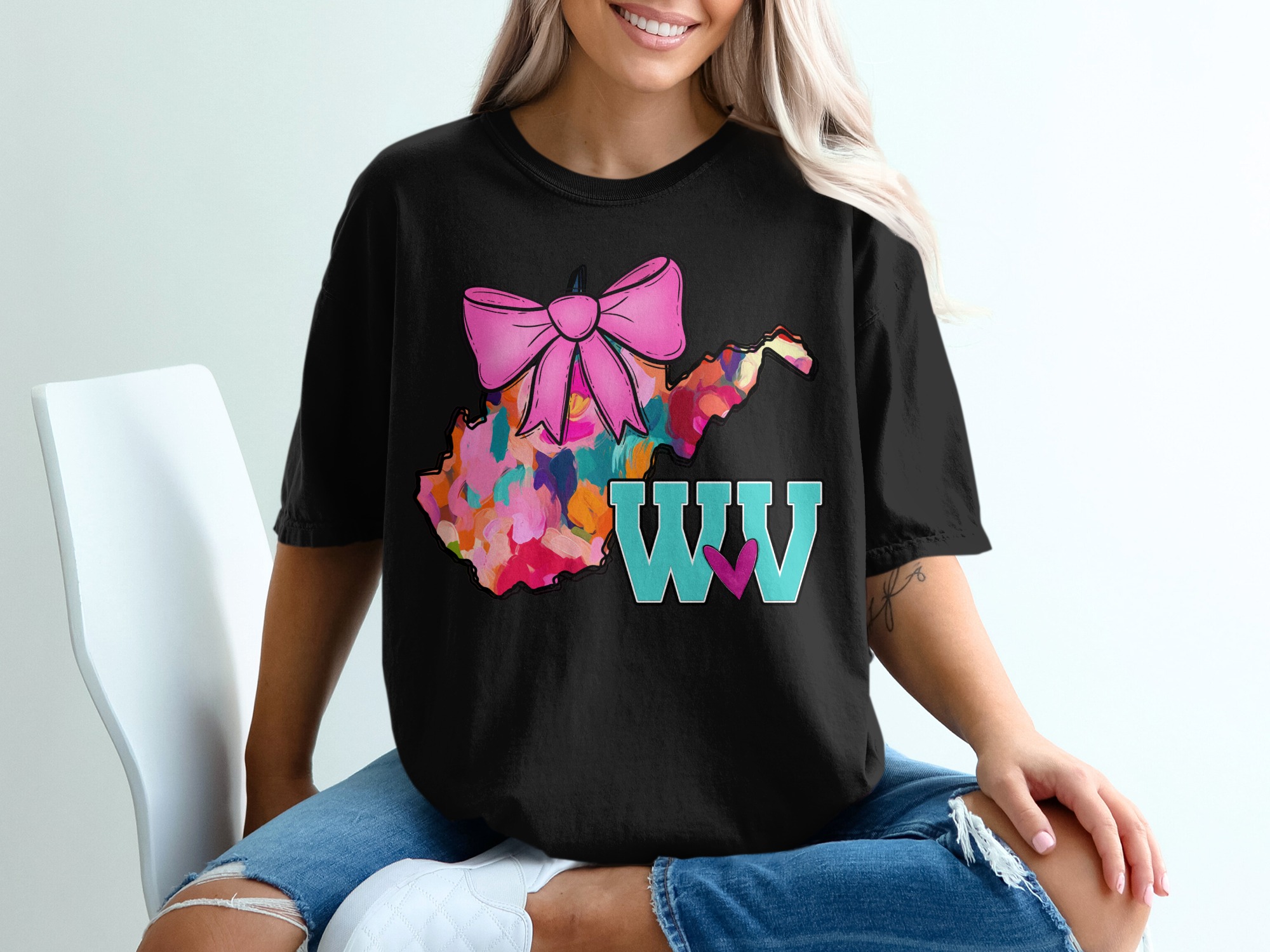 WV Love T-Shirt, West Virginia Pride, State Bow, Colorful WV Tee, Cute West Virginia TShirt, Colorful State Shirt - Image 2