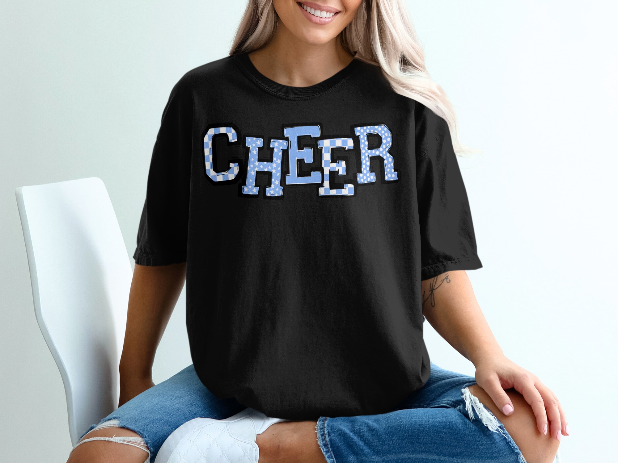 Cheer T-Shirt, Spirit Wear Tee, Blue and White Cheerleading Design, Cute Cheerleader Gift, Game Day Shirt, School Pride Apparel - Image 2