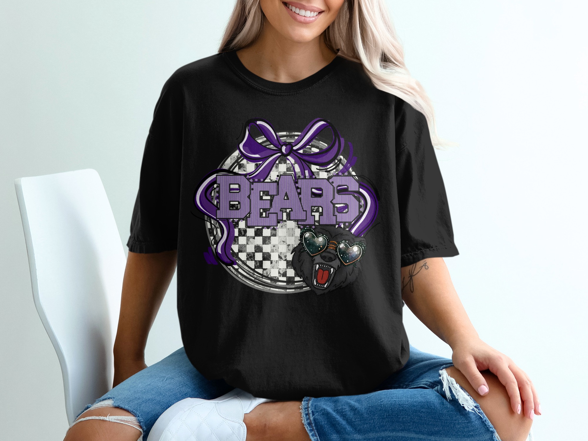 Cute Bears T Shirt, Heart Sunglasses Bear Tee, Trendy Purple Bow Shirt, Animal Lover Gift, Checkerboard Pattern, Statement Shirt - Image 2