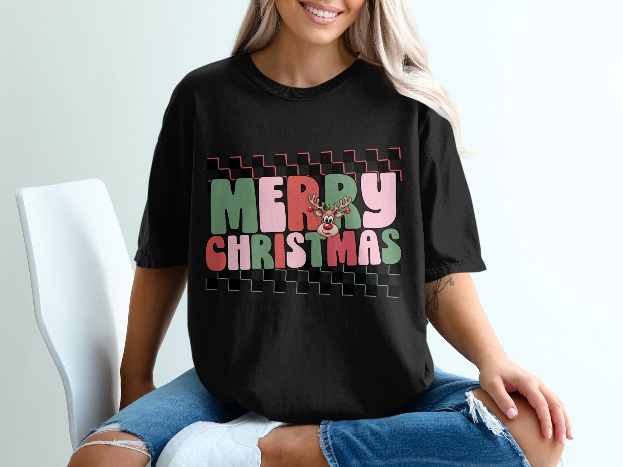 Merry Christmas Reindeer T-Shirt, Checkered Design Tee, Holiday Season Shirt, Festive Outfit Top, Christmas Graphic Tee, Holiday Apparel - Image 2