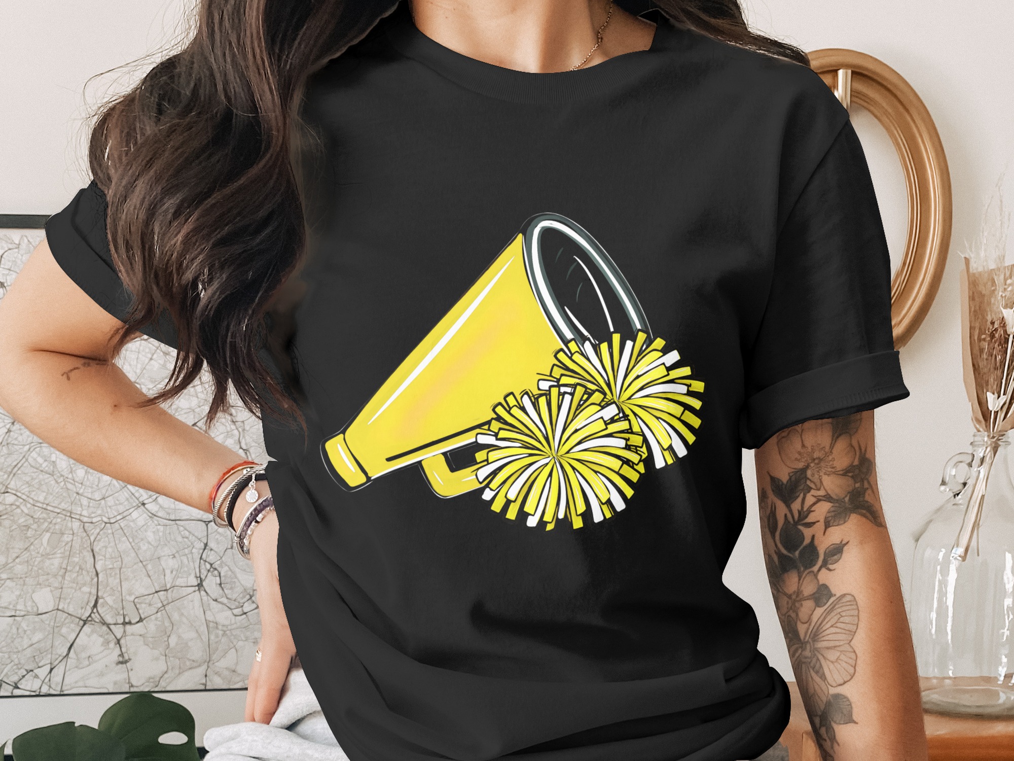 Cheerleader PNG, Digital Download, Yellow Megaphone Pom Poms, Sublimation Design, Cheer Team Graphic, Sport Spirit Clipart, School Pride - Image 2