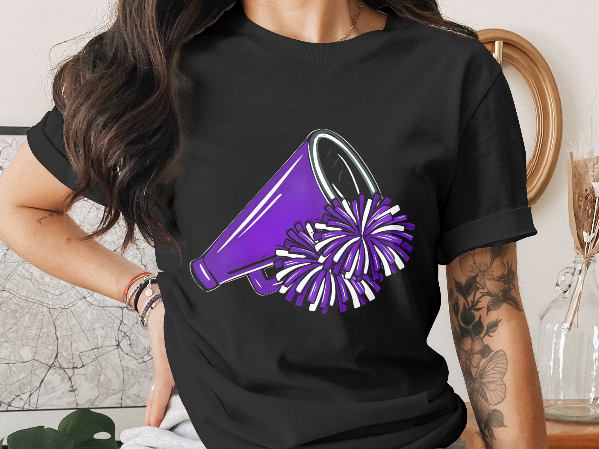 Cheerleading Digital Download PNG, Cheerleader Sublimation Design, Purple Megaphone and Pom Poms, Sports Team Spirit, School Mascot Art - Image 2