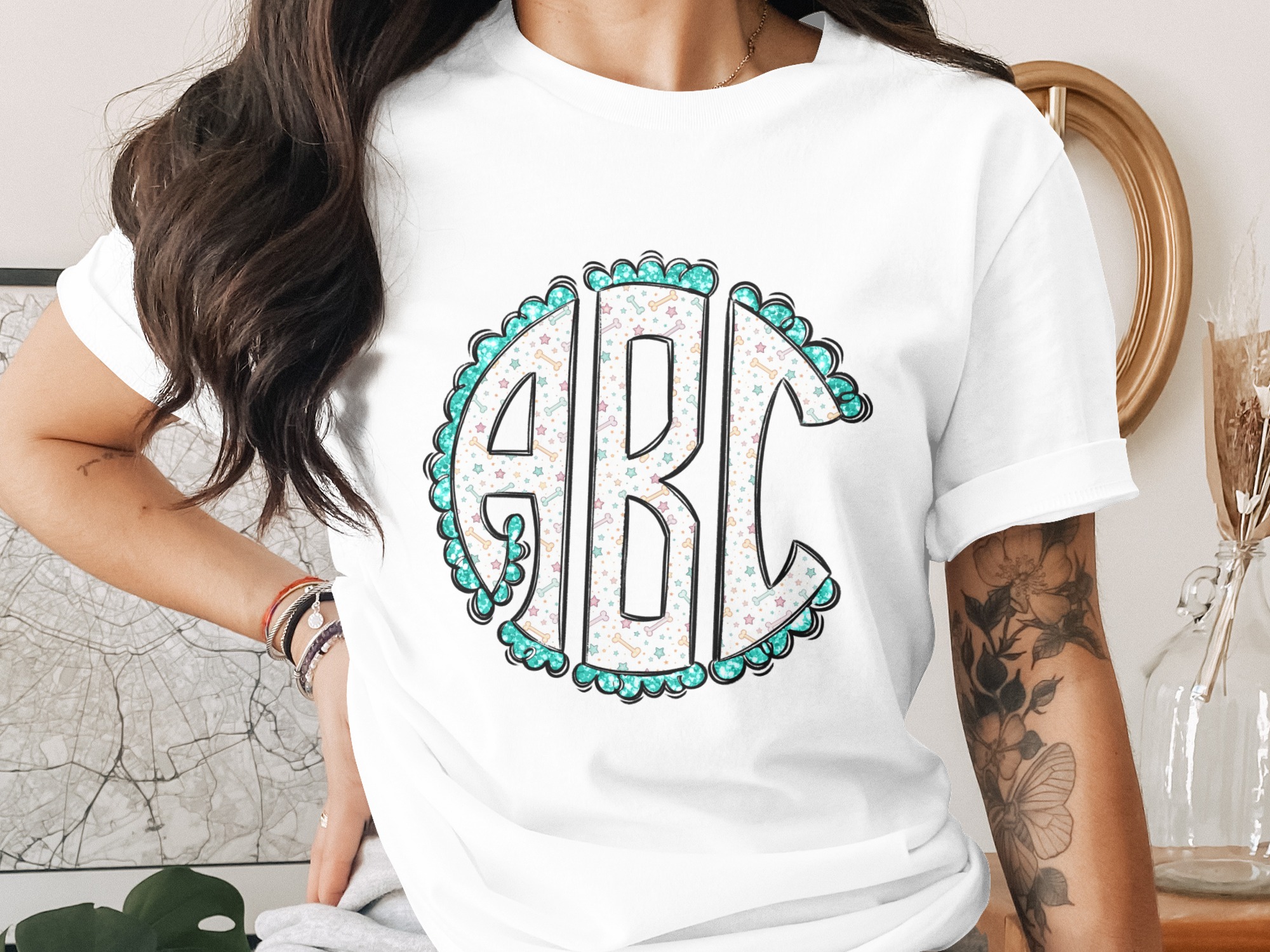Monogram Alpha Digital Download, Dog Bone and Stars Pattern, Sublimation DTF Design, Puppy Lover, Pet Theme, Teal Sparkle Border