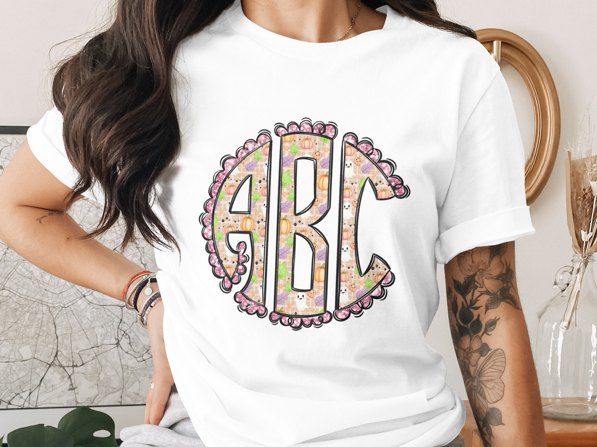 Halloween Monogram Alpha Digital Download, Sublimation Design, DTF Print, Spooky Season Initials, Ghost Pumpkin Fall, Round Frame
