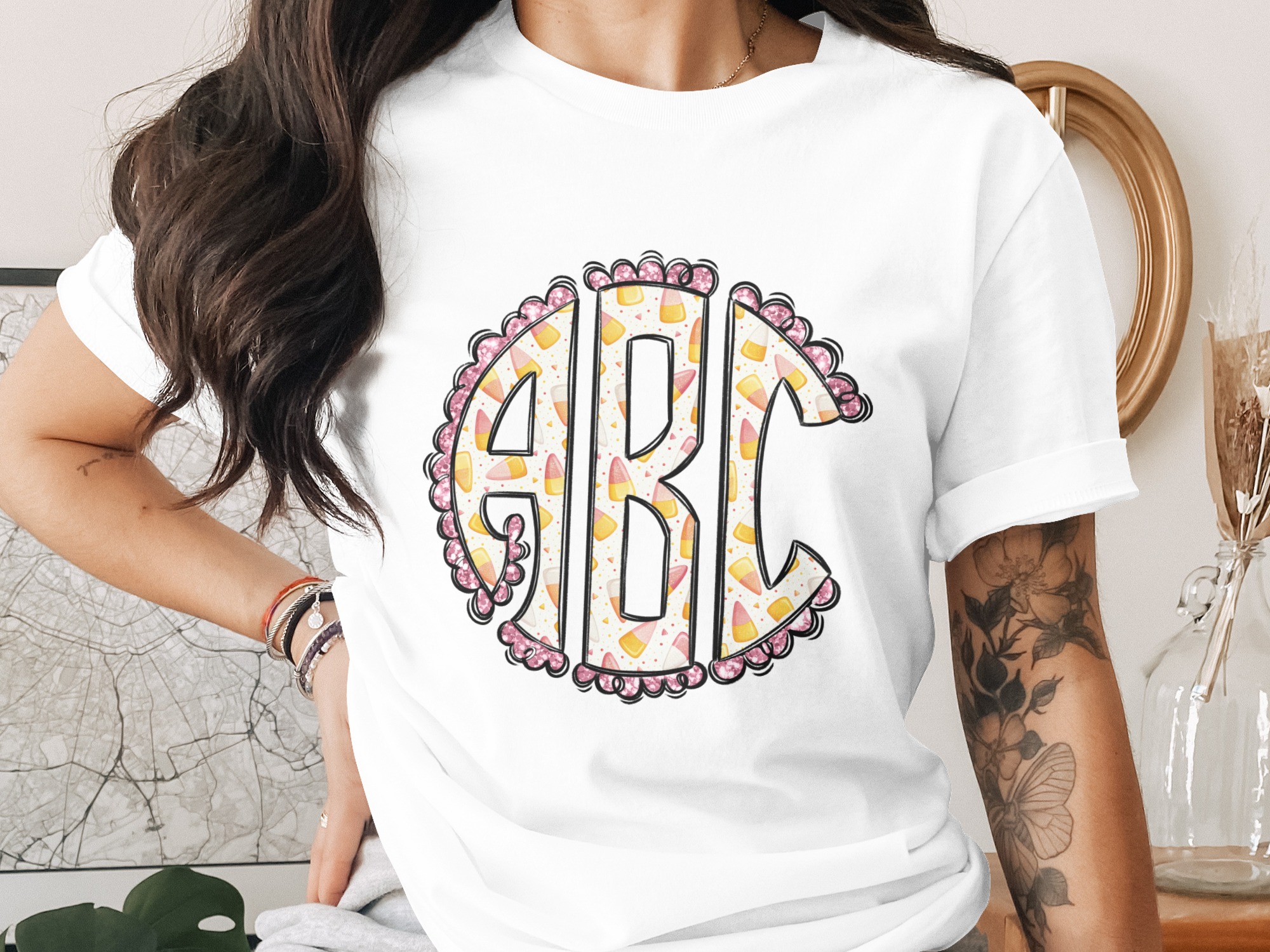 Candy Corn Monogram Alpha Digital Download, Sublimation Design, DTF Transfer, Fall Initial Design, Halloween Font, Round Monogram Frame