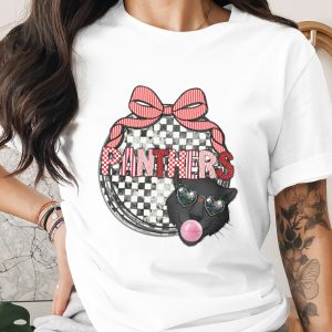 Panthers Digital Download PNG, Sublimation DTF, Black Cat with Sunglasses, Chewing Gum, Red Bow, School Spirit Design, Team Pride Image