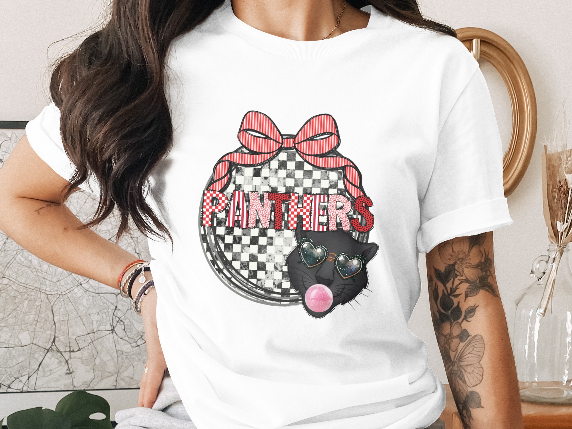Panthers Digital Download PNG, Sublimation DTF, Black Cat with Sunglasses, Chewing Gum, Red Bow, School Spirit Design, Team Pride Image