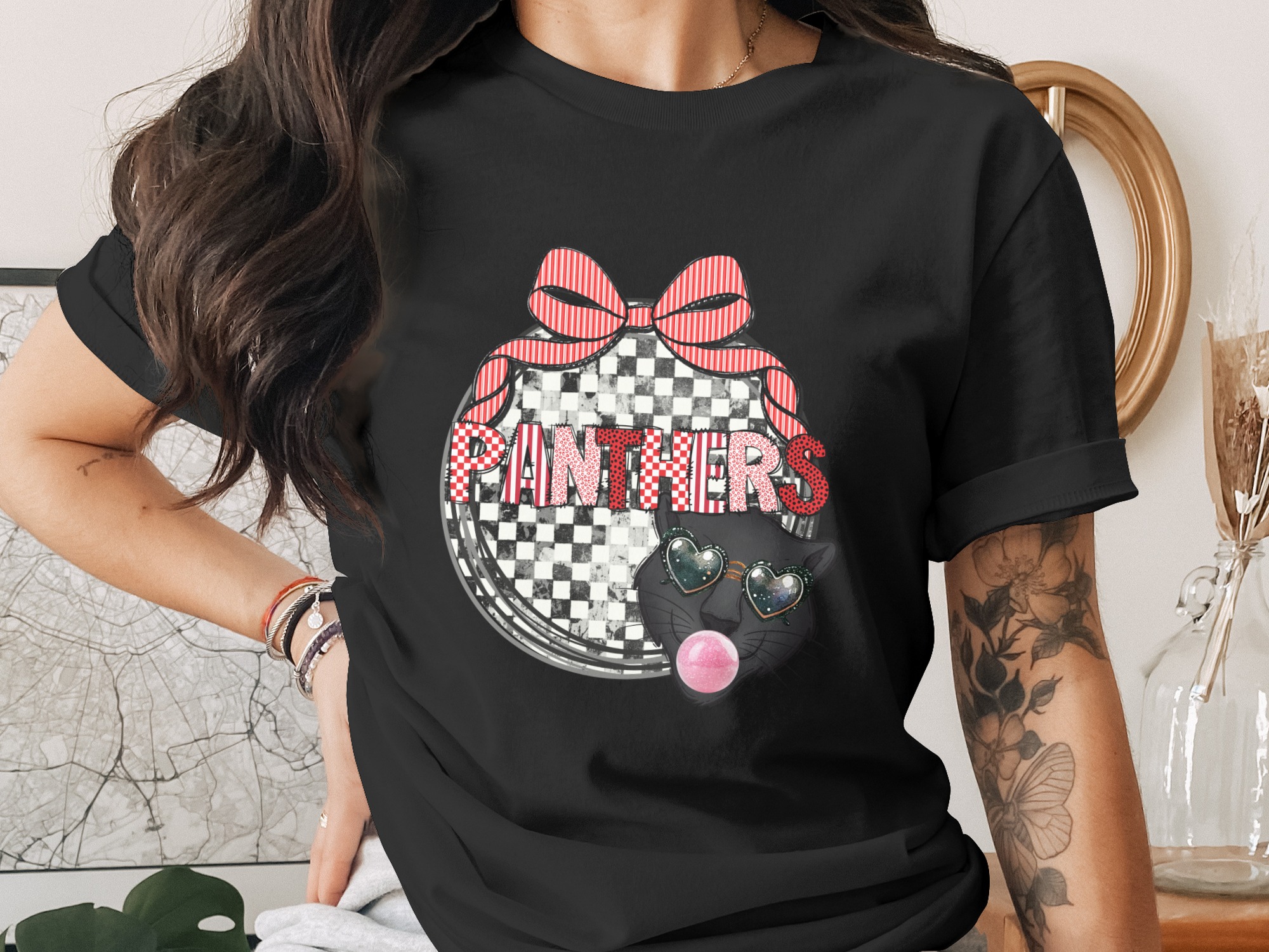 Panthers Digital Download PNG, Sublimation DTF, Black Cat with Sunglasses, Chewing Gum, Red Bow, School Spirit Design, Team Pride Image - Image 2