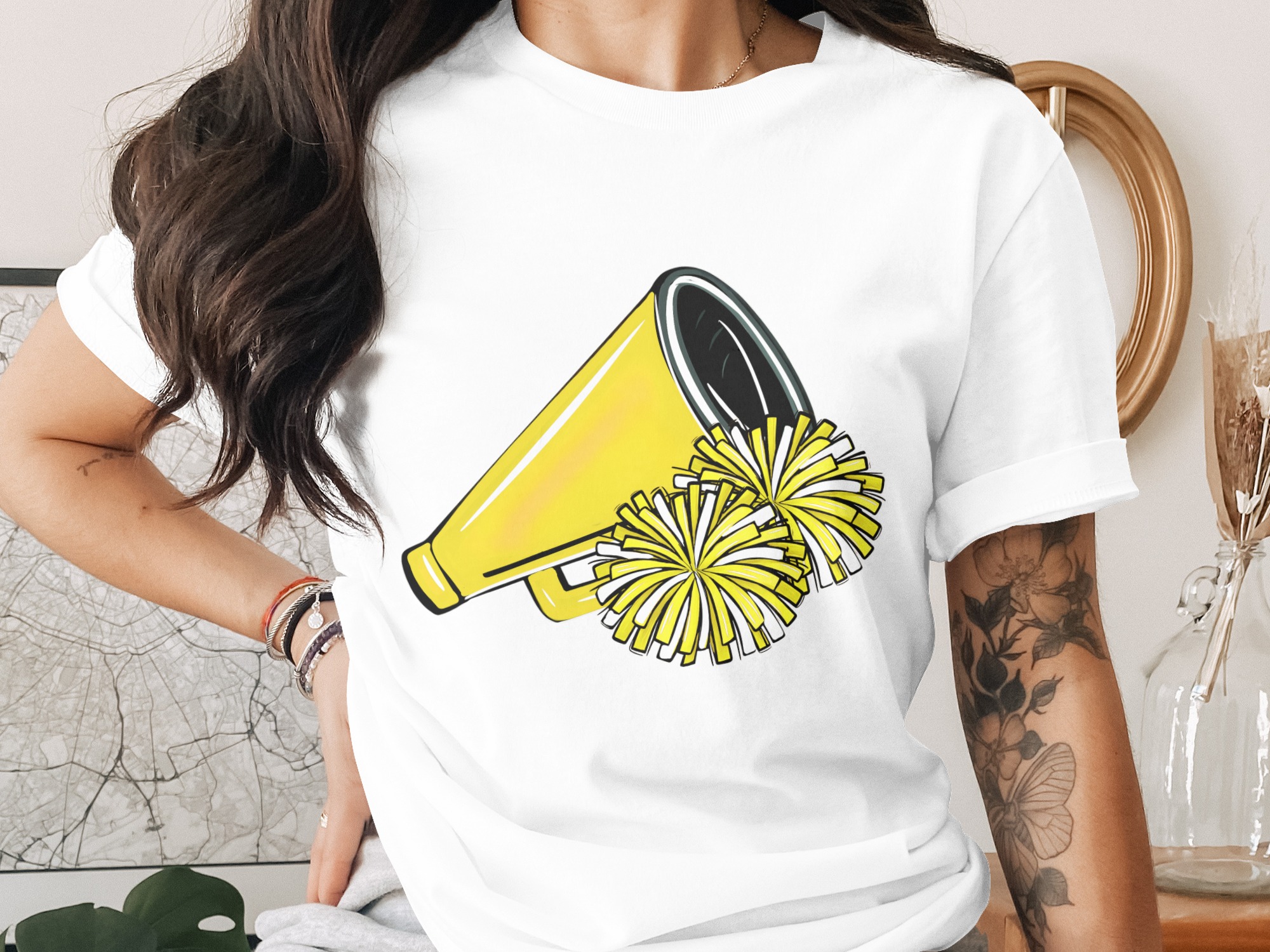 Cheerleader PNG, Digital Download, Yellow Megaphone Pom Poms, Sublimation Design, Cheer Team Graphic, Sport Spirit Clipart, School Pride