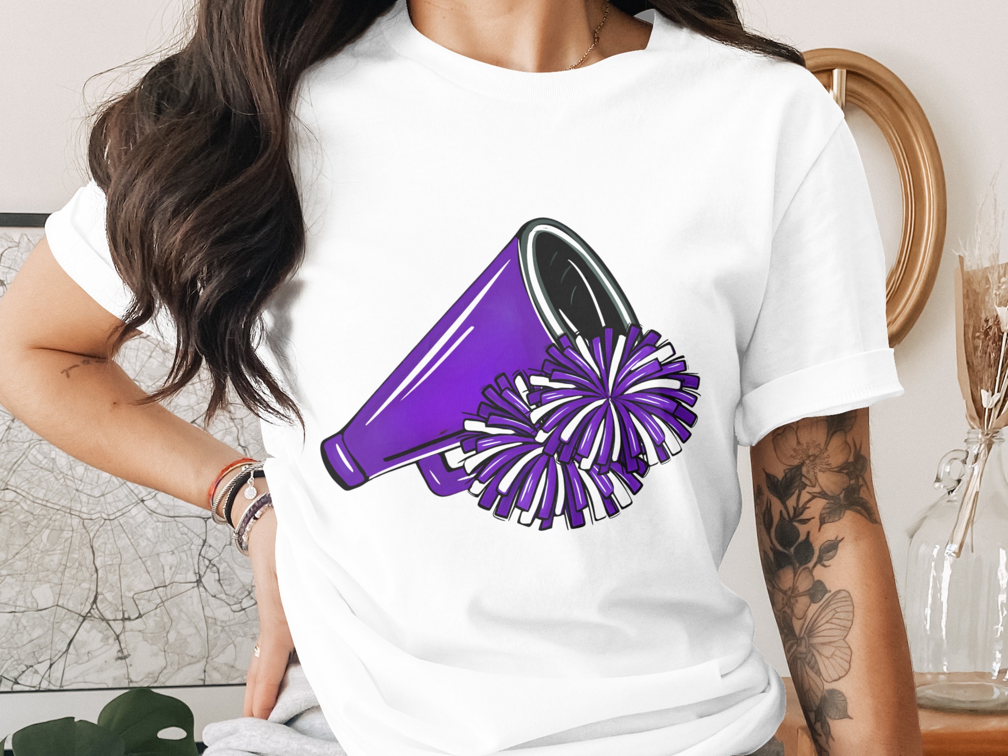 Cheerleading Digital Download PNG, Cheerleader Sublimation Design, Purple Megaphone and Pom Poms, Sports Team Spirit, School Mascot Art