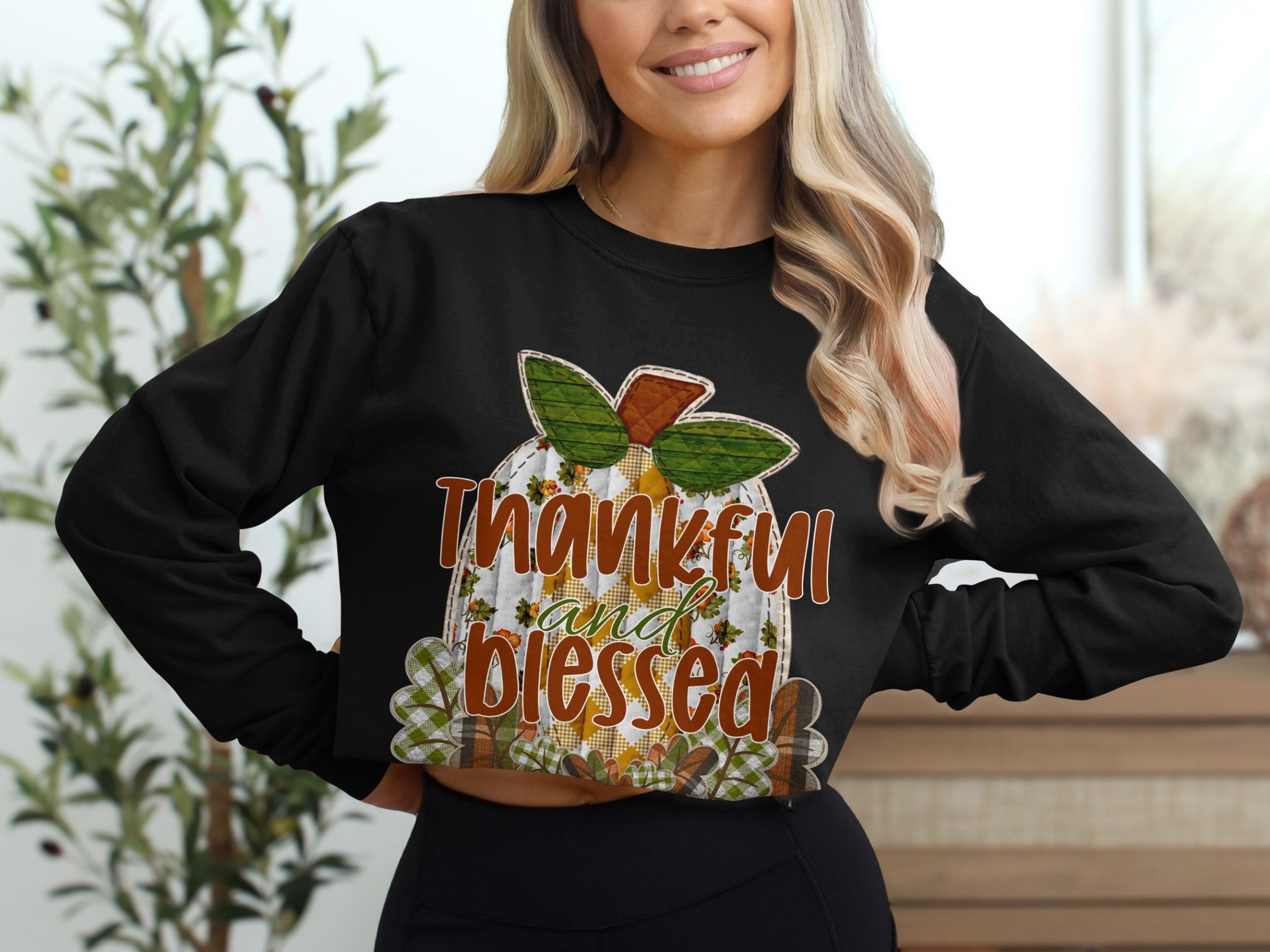 Thankful and Blessed Pumpkin Long Sleeve T-Shirt, Fall Thanksgiving Shirt, Autumn Harvest Tee, Seasonal Shirt, Trendy Shirt - Image 2