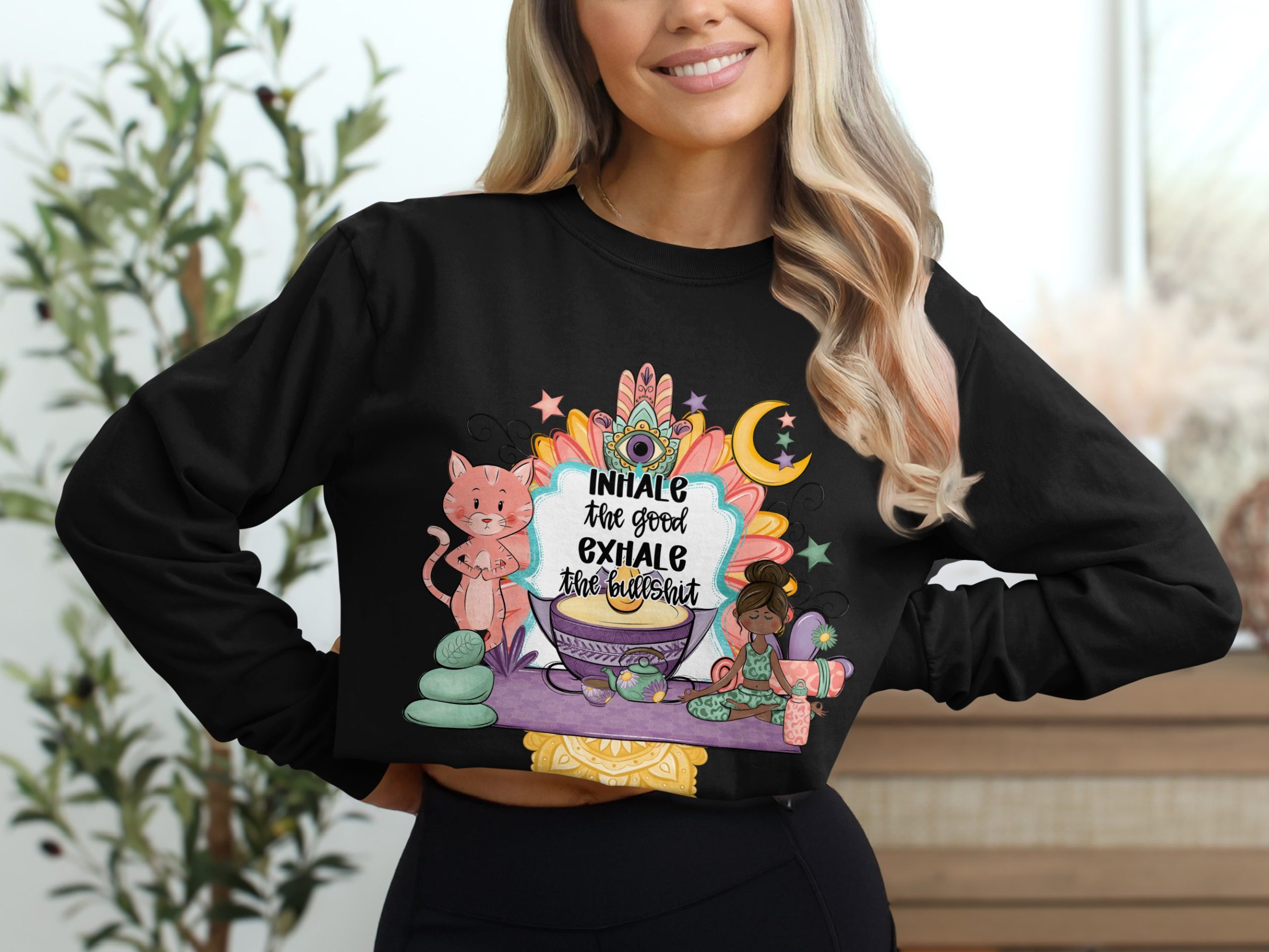 Yoga Long Sleeve T-Shirt, Inhale Exhale Design, Meditation Shirt, Cat, Boho Shirt, Spiritual Tee, Zen Clothing, Mandala Art - Image 2