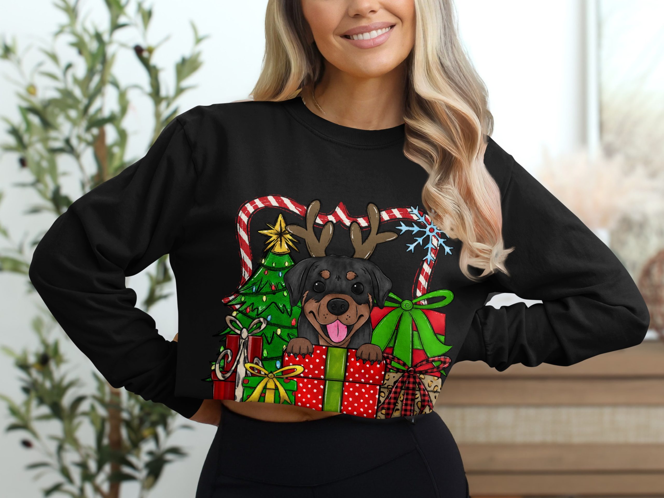 Rottweiler Christmas Long Sleeve T-Shirt, Cute Dog Holiday Outfit, Festive Rottie Tee, Gift for Rottweiler Lovers, Christmas Tree Dog - Image 2
