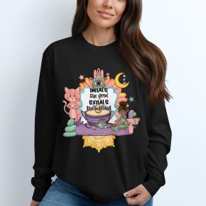 Yoga Long Sleeve T-Shirt, Meditate Cat, Spiritual Gift, Hamsa Hand, Inhale Exhale Shirt, Funny Yoga Shirt, Zen Long Sleeve Tee