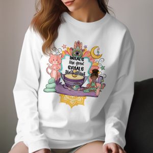 Yoga Long Sleeve T-Shirt, Inhale Exhale Design, Meditation Shirt, Cat, Boho Shirt, Spiritual Tee, Zen Clothing, Mandala Art
