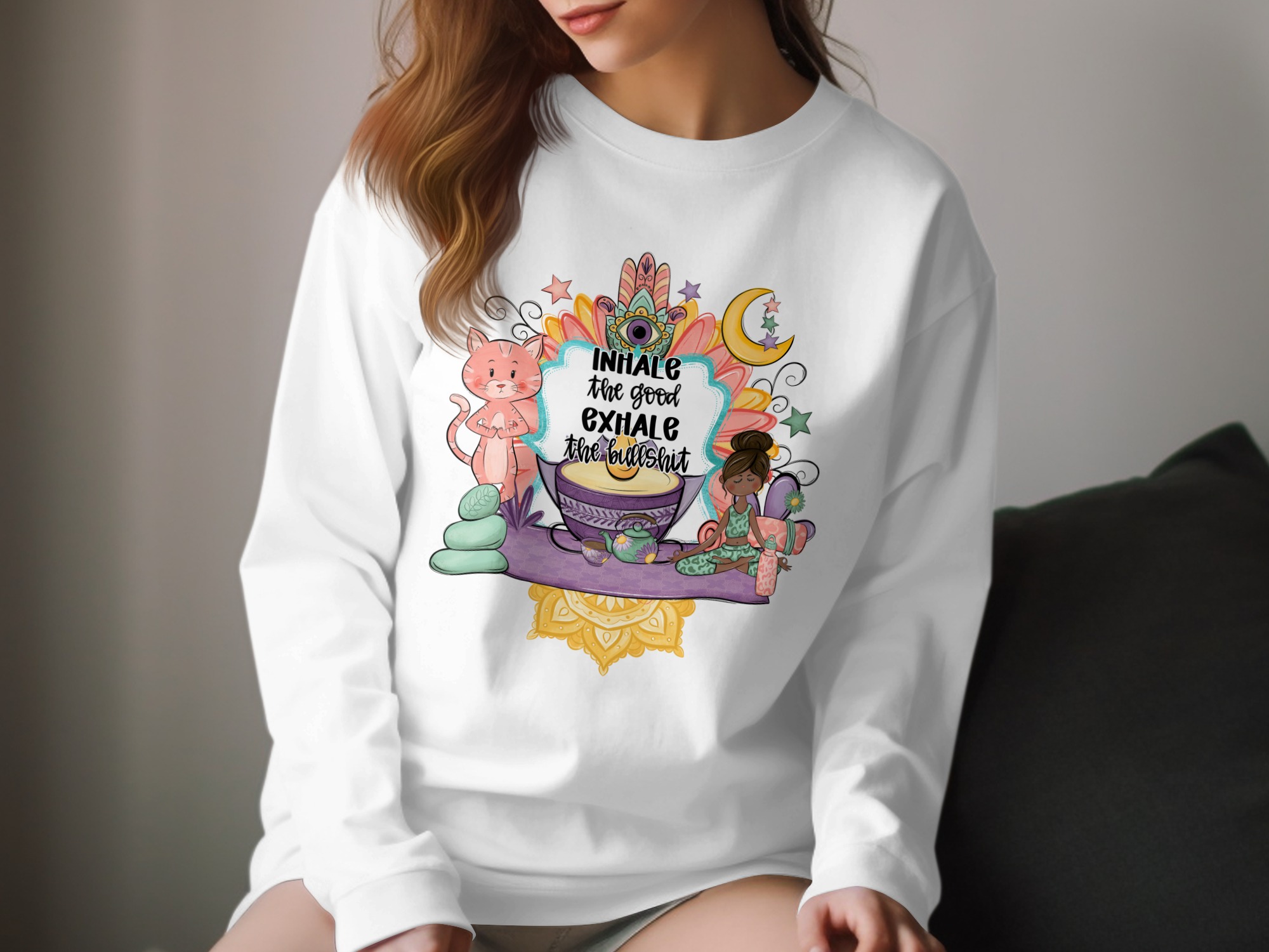 Yoga Long Sleeve T-Shirt, Inhale Exhale Design, Meditation Shirt, Cat, Boho Shirt, Spiritual Tee, Zen Clothing, Mandala Art
