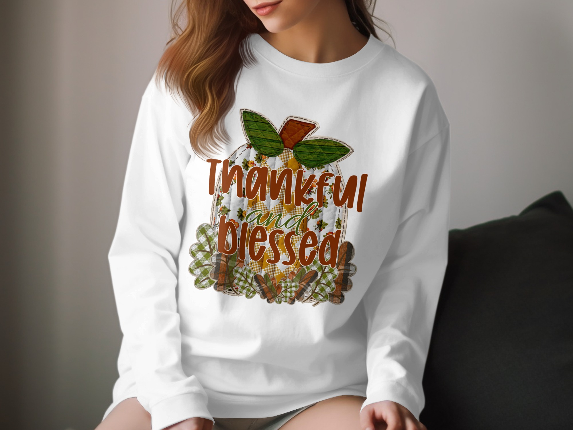 Thankful and Blessed Pumpkin Long Sleeve T-Shirt, Fall Thanksgiving Shirt, Autumn Harvest Tee, Seasonal Shirt, Trendy Shirt