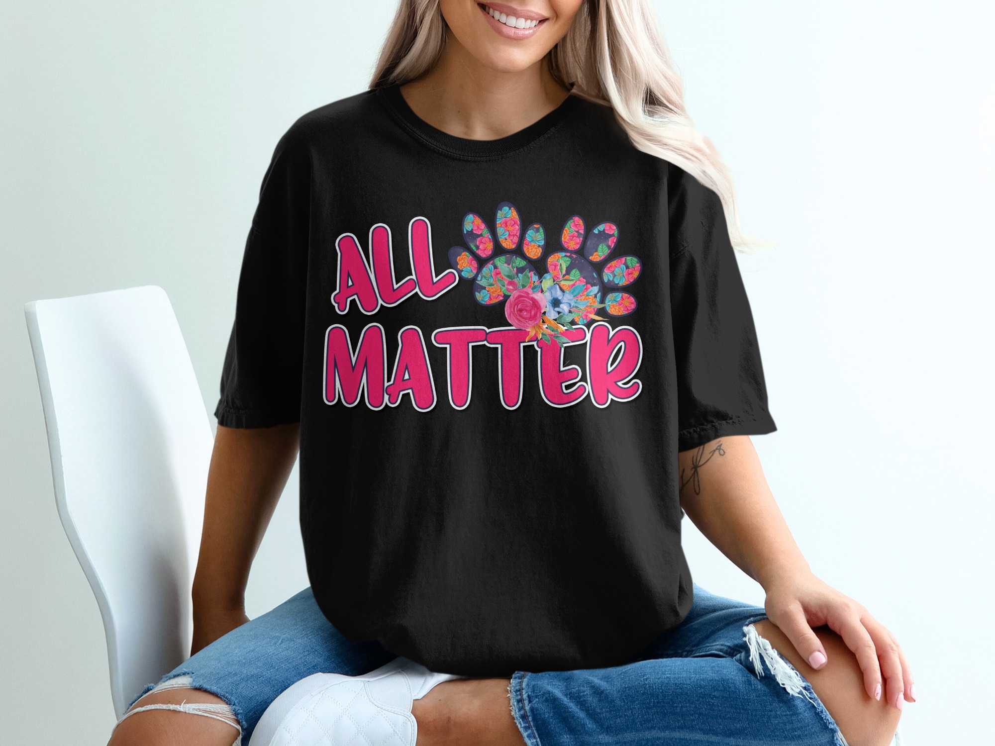 All Matter Floral Paw Print T Shirt, Dog Lover Gift Tee, Equality Shirt, Animal Rescue Tee, Dog Rescue Shirt, Paw Pride Tee - Image 2