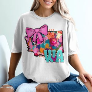 Washington State T-Shirt, WA State Pride, Floral State Map, Cute Bow Tee, State Souvenir, Gift for Washingtonian, USA State T-Shirt