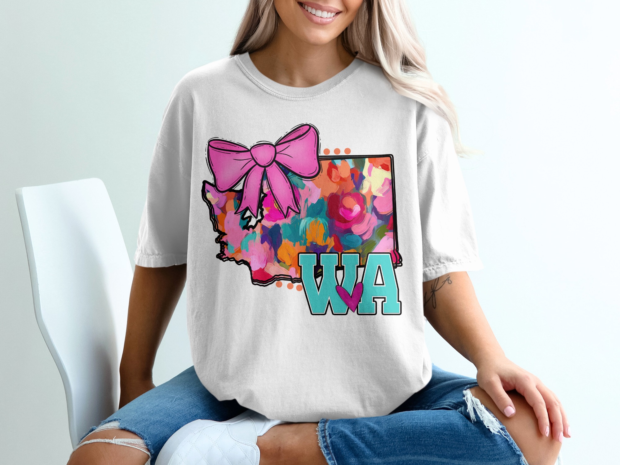 Washington State T-Shirt, WA State Pride, Floral State Map, Cute Bow Tee, State Souvenir, Gift for Washingtonian, USA State T-Shirt