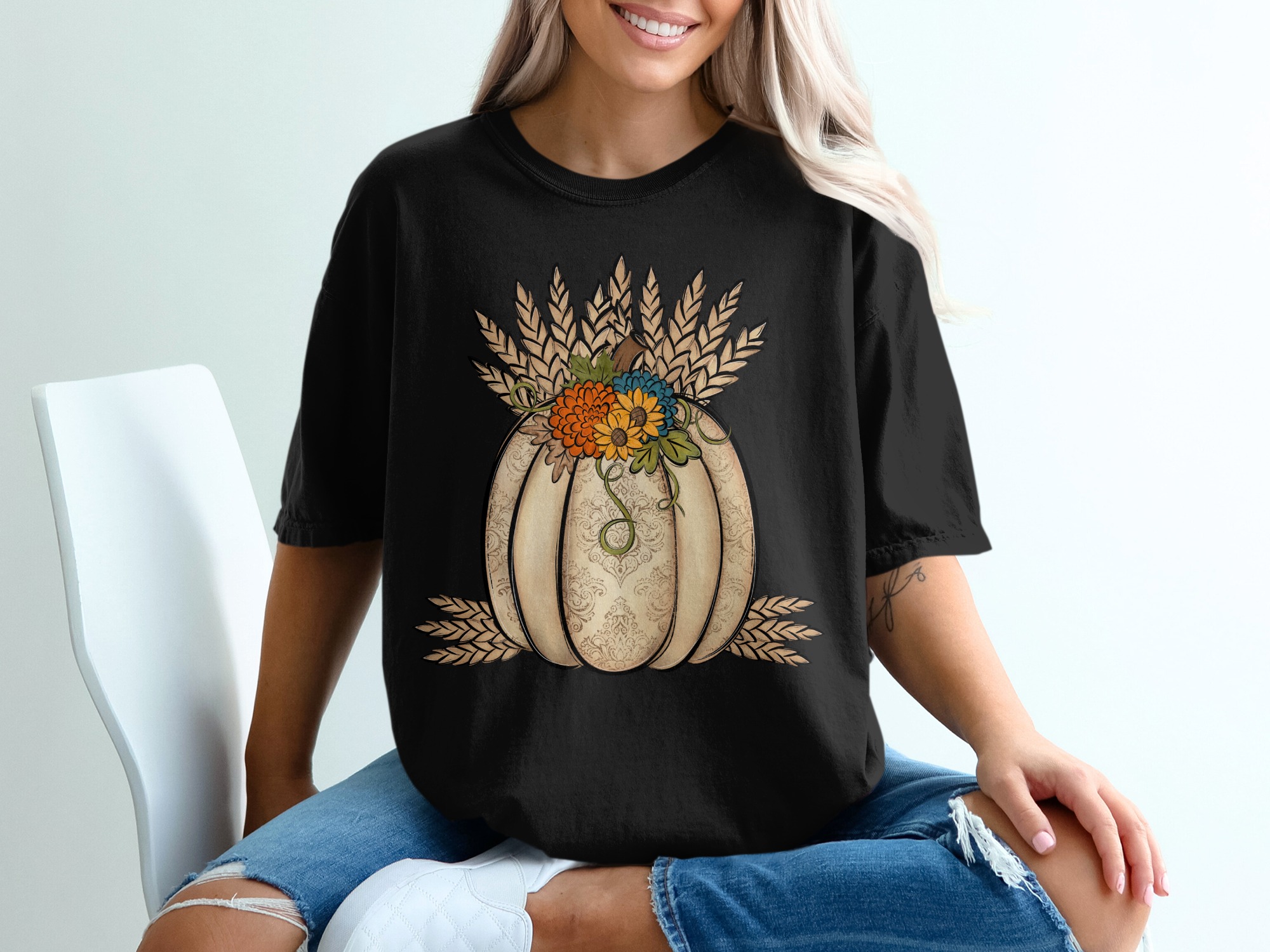 Floral Pumpkin T-Shirt, Autumn Harvest Tee, Fall Flower Design, Thanksgiving Apparel, Seasonal T-Shirt, Cottagecore Shirt - Image 2