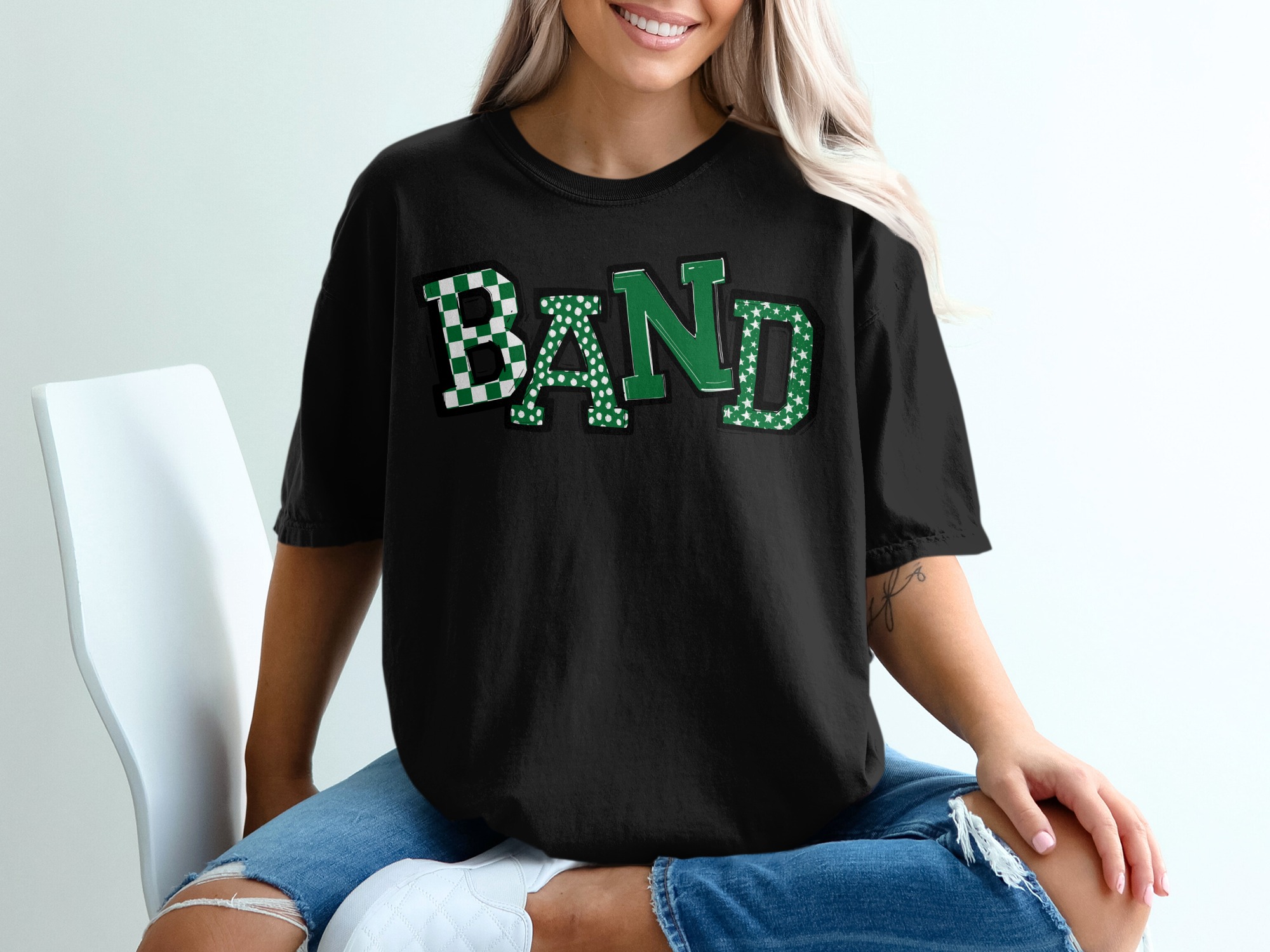 Band Tee, Spirit Shirt, Music T-Shirt, Green Checkered Tee, Polka Dot Shirt, Star Design Shirt, Band Mom Shirt, Concert T-Shirt - Image 2