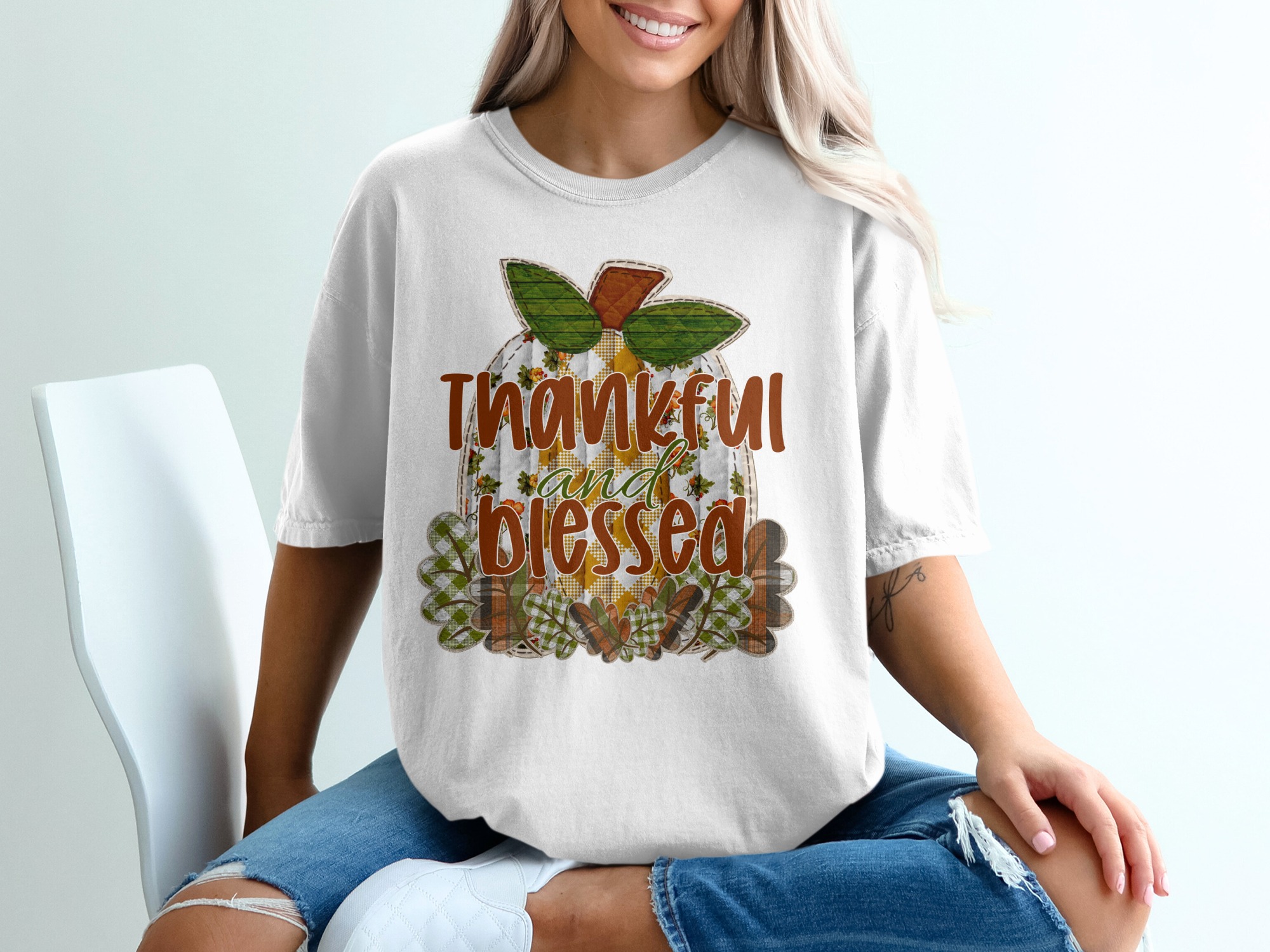 Thankful and Blessed T-Shirt, Fall Pumpkin Tee, Autumn Harvest Shirt, Thanksgiving Outfit, Seasonal Gift, Holiday Apparel