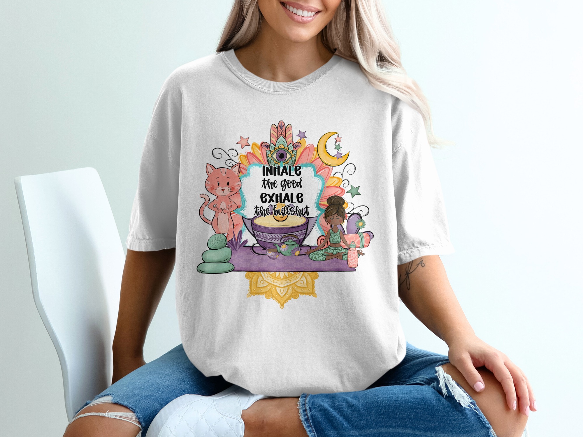 Inhale Exhale T-Shirt, Funny Yoga T-Shirt, Cat Yoga T-Shirt, Meditation Shirt, Spiritual T-Shirt, Hamsa, Zen Gift, Relaxing T-Shirt