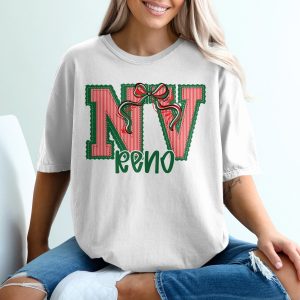 PERSONALIZED NV Reno T-Shirt, Nevada State Pride, Christmas Holiday Bow, Stitched Letters, Custom City Gift, Festive Tee, Local Love Apparel