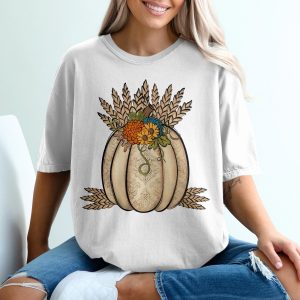 Floral Pumpkin T-Shirt, Autumn Harvest Tee, Fall Flower Design, Thanksgiving Apparel, Seasonal T-Shirt, Cottagecore Shirt