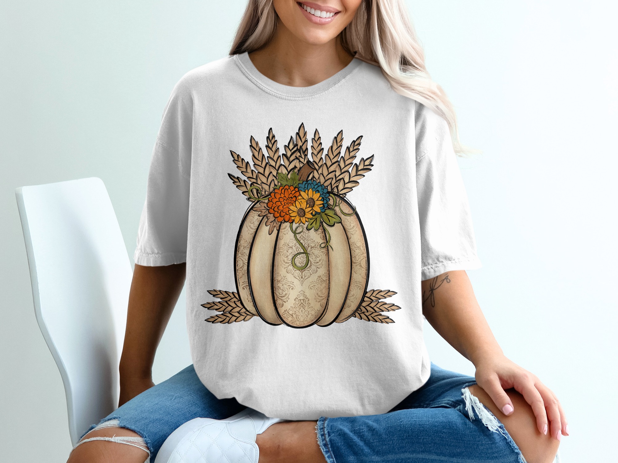 Floral Pumpkin T-Shirt, Autumn Harvest Tee, Fall Flower Design, Thanksgiving Apparel, Seasonal T-Shirt, Cottagecore Shirt