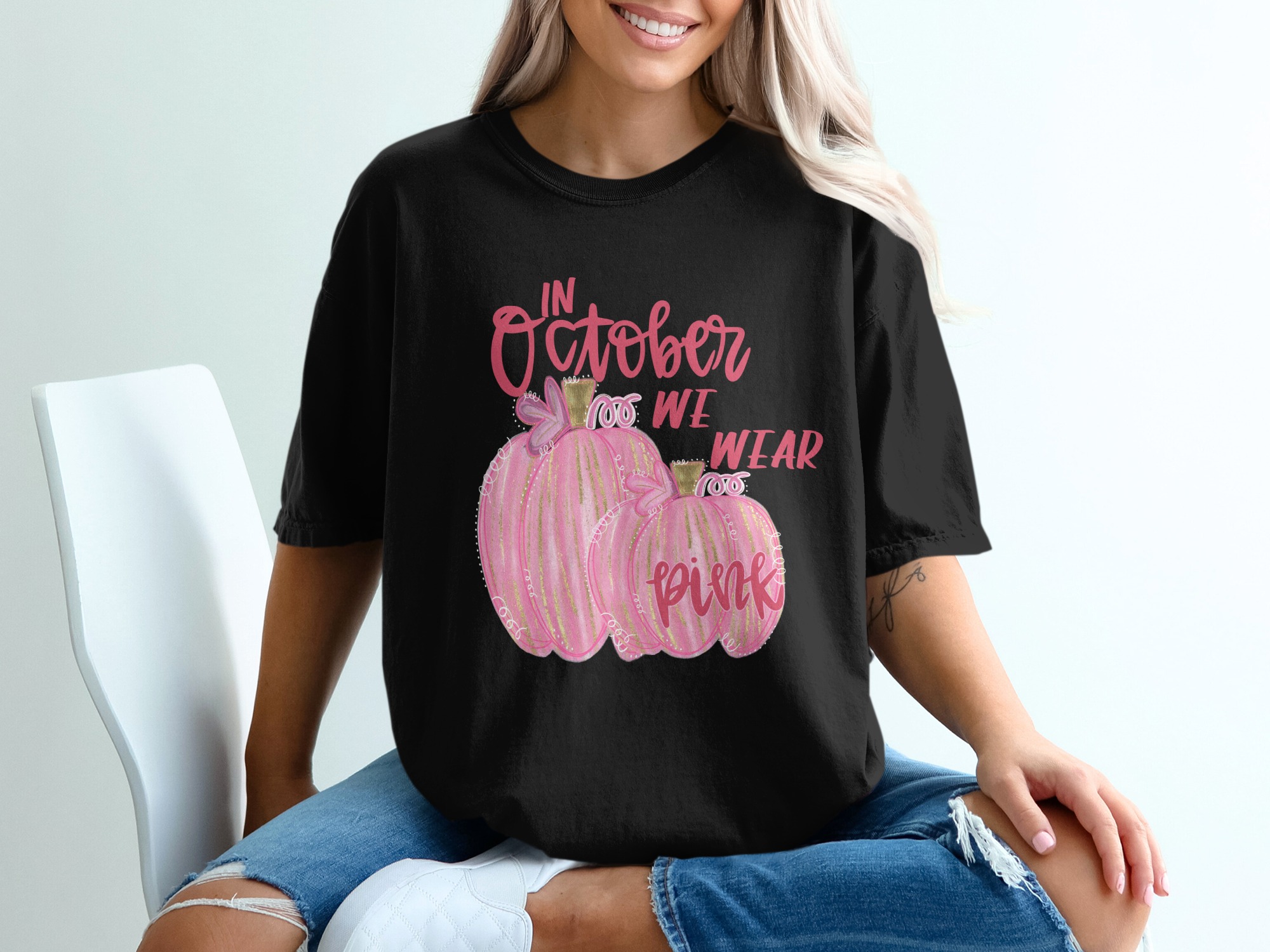 In October We Wear Pink T Shirt, Pink Pumpkin T Shirt, Breast Cancer Awareness, Fall Graphic Tee, October T Shirt, Pink Awareness - Image 2