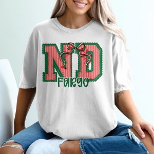 PERSONALIZED ND Fargo T-Shirt, North Dakota City Pride, Festive Holiday Design, Custom Applique Style Tee, Green Red Bow Apparel