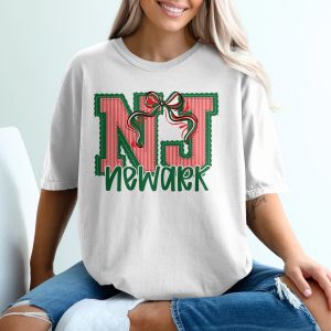 PERSONALIZED NJ Newark Christmas T-Shirt, New Jersey Holiday Gift Bow Tee, Festive Striped State City Apparel, Unique Stitched Present