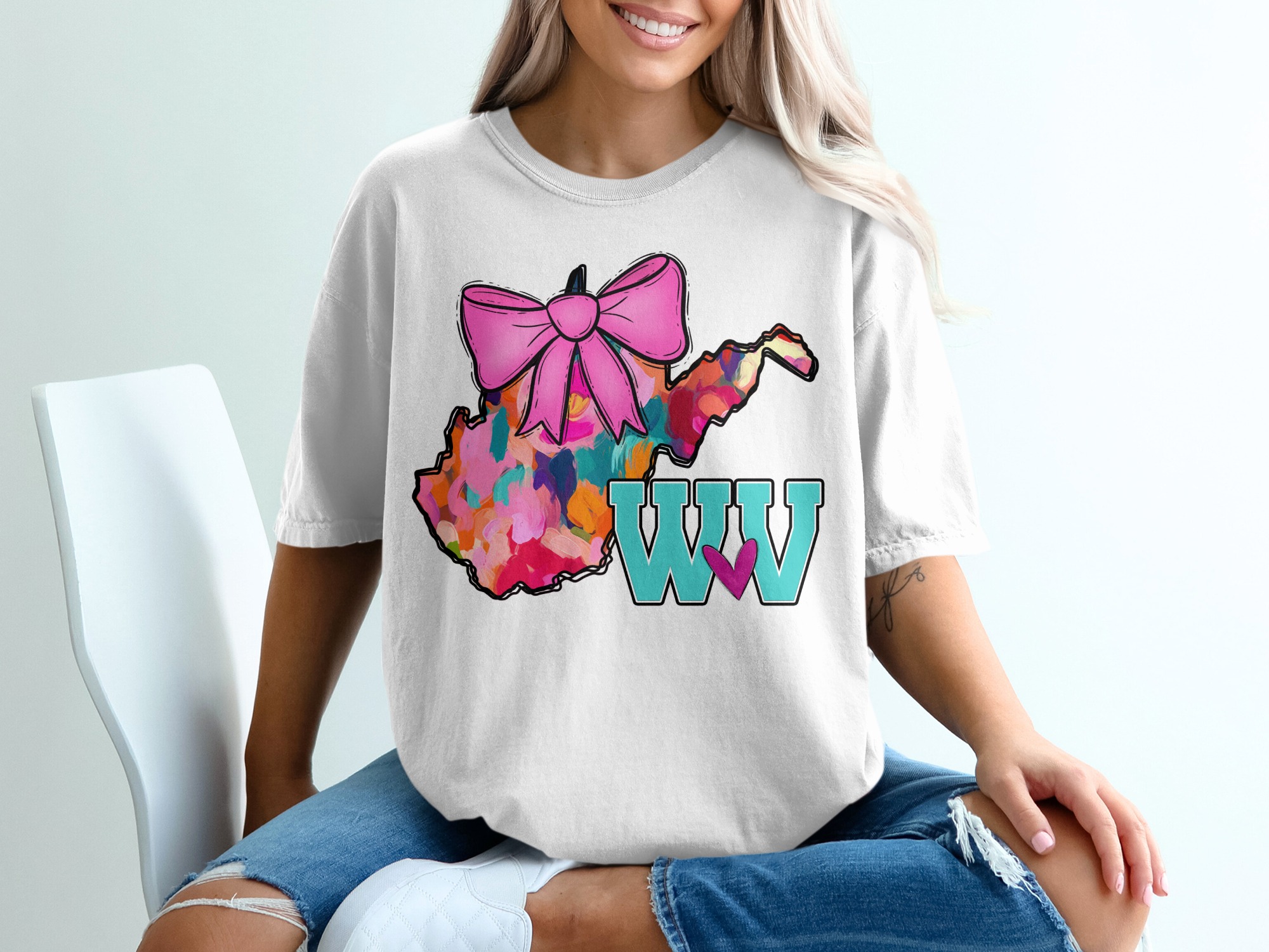 WV Love T-Shirt, West Virginia Pride, State Bow, Colorful WV Tee, Cute West Virginia TShirt, Colorful State Shirt