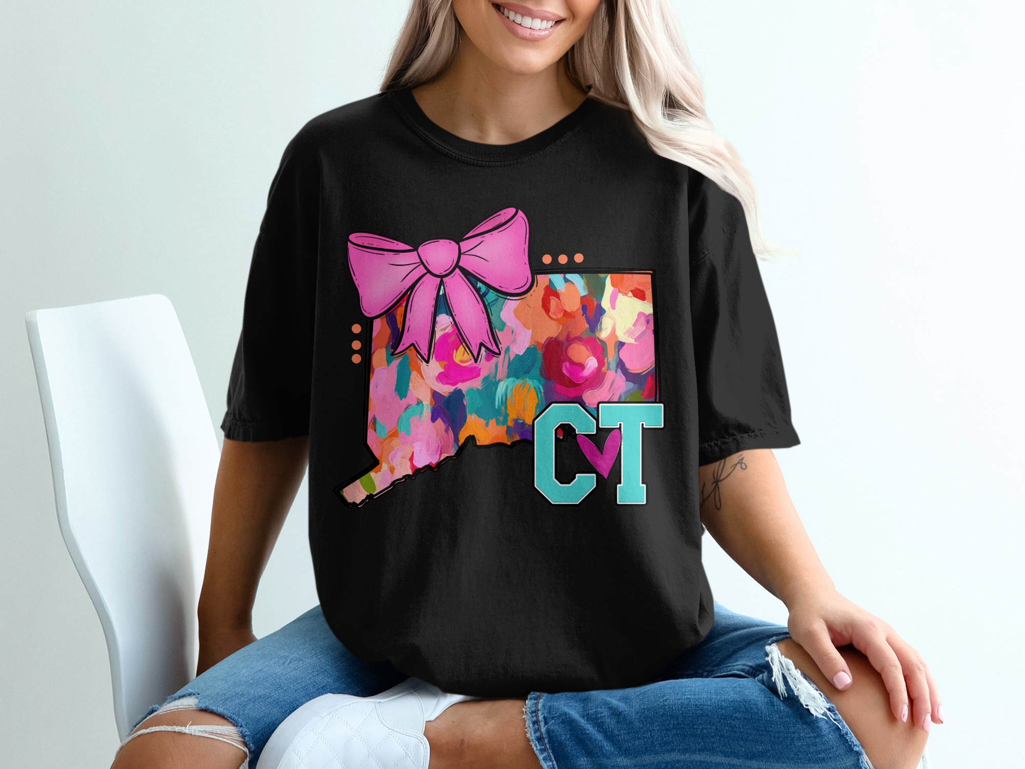 Connecticut State T-Shirt, Floral Map Tee, CT Bow, Cute Travel Shirt, Hometown Gift Idea, Connecticut Pride T-Shirt, CT Heart - Image 2