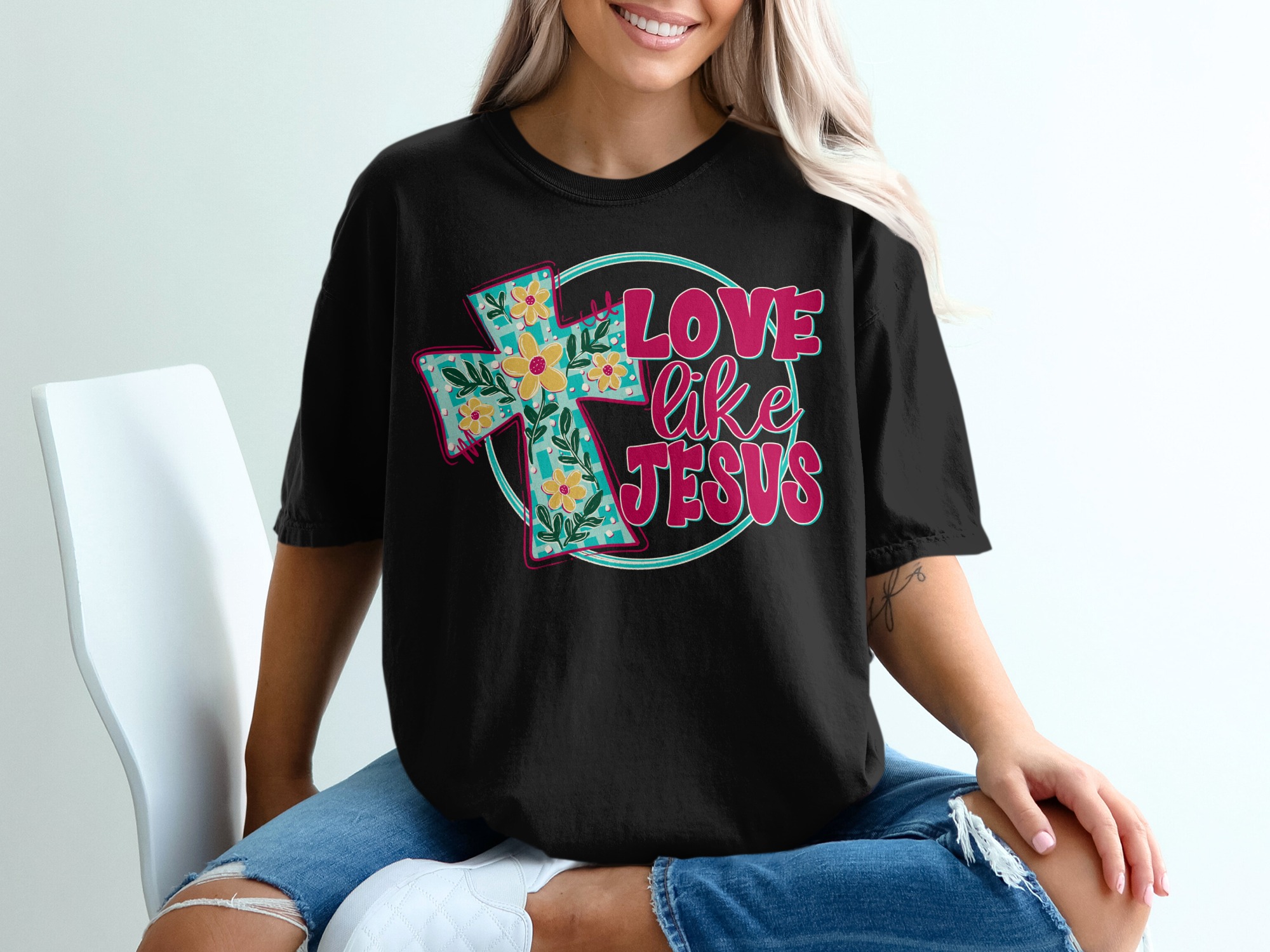 Love Like Jesus T-Shirt, Christian T-Shirt, Floral Cross Tee, Religious Shirt, Faith Based Apparel, Inspirational T-Shirt - Image 2