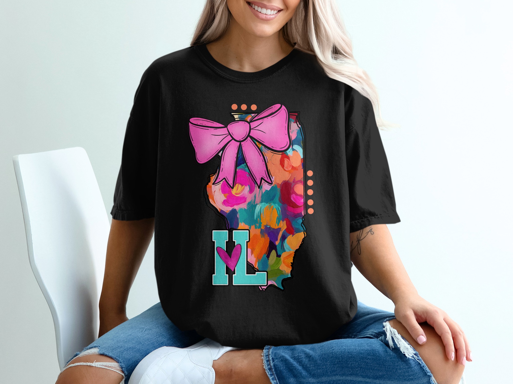 Illinois T Shirt, Floral State, Pink Bow, Home State Shirt, Colorful Design, Unique State Tee, Gift for Illinois Native, Custom T-Shirt - Image 2