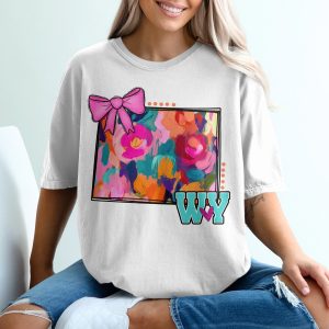 Wyoming T-Shirt, Floral WY Tee, Pink Bow Shirt, State Pride Gift, Colorful Wyoming Shirt, Trending T Shirt, Gift for Her, Cute Tee