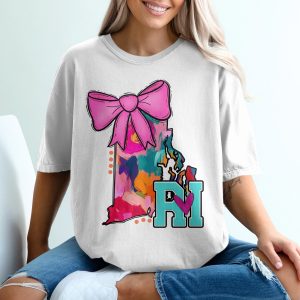 Rhode Island T-Shirt, RI State Art, Colorful State Pride, Pink Bow Design, Unique RI Shirt, USA State Gift, Graphic Tee