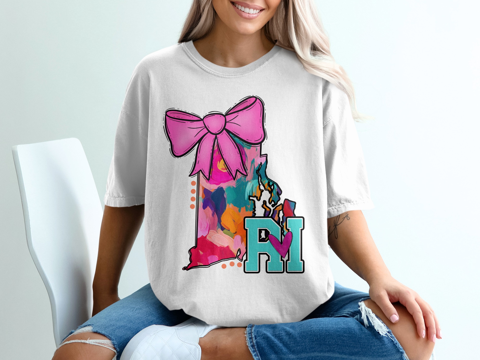 Rhode Island T-Shirt, RI State Art, Colorful State Pride, Pink Bow Design, Unique RI Shirt, USA State Gift, Graphic Tee