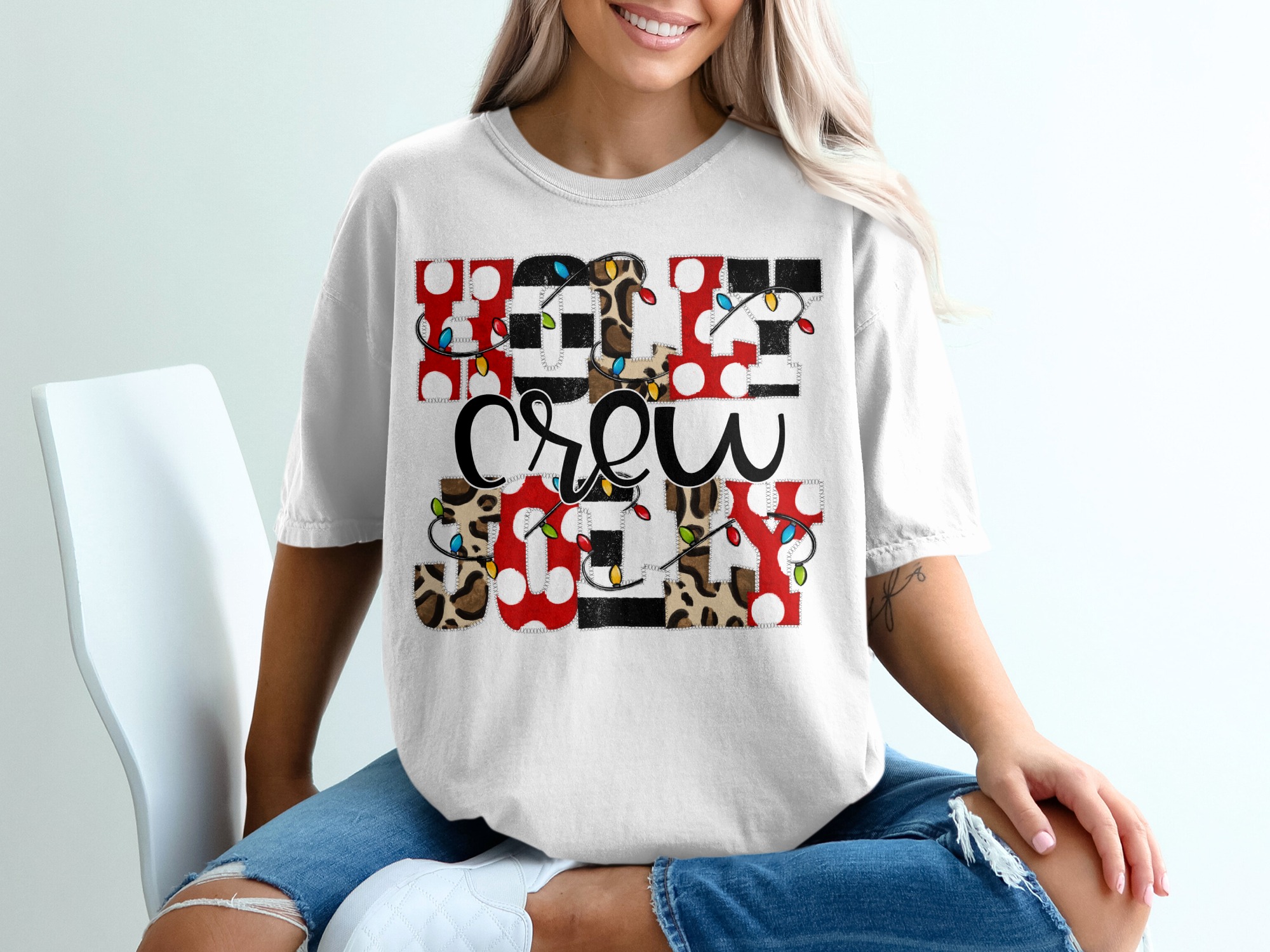 Holy Jolly Crew T-Shirt, Christmas Lights Tee, Holiday Crew Shirt, Festive T-Shirt, Patchwork Christmas Shirt, Family Christmas Tees