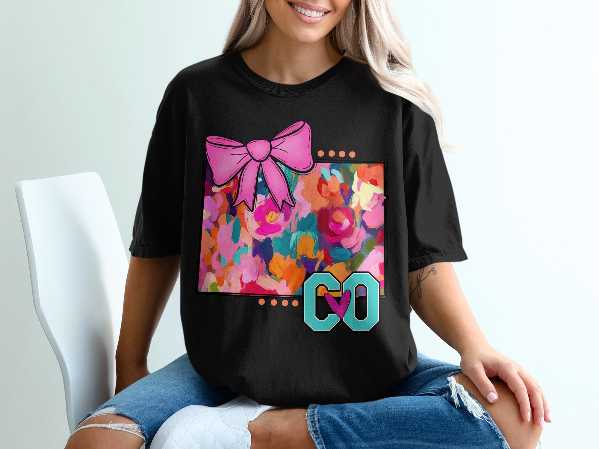Floral T-Shirt, Bow Shirt, Colorful Flowers Tee, Cute Pink Bow, Abstract Art, Stylish TShirt, Trendy Tee, Gift Idea, Birthday Gift - Image 2