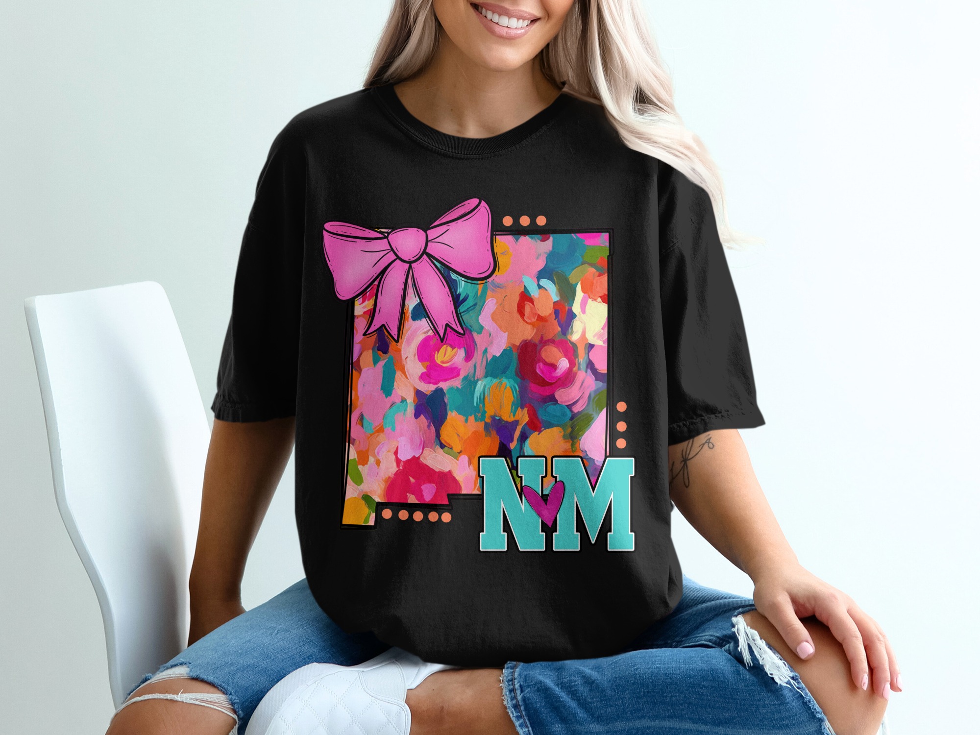 New Mexico T Shirt, NM T Shirt, Floral New Mexico, State Pride Tee, NM Love Shirt, Bow Shirt, Colorful New Mexico Tee, Gift for Her - Image 2