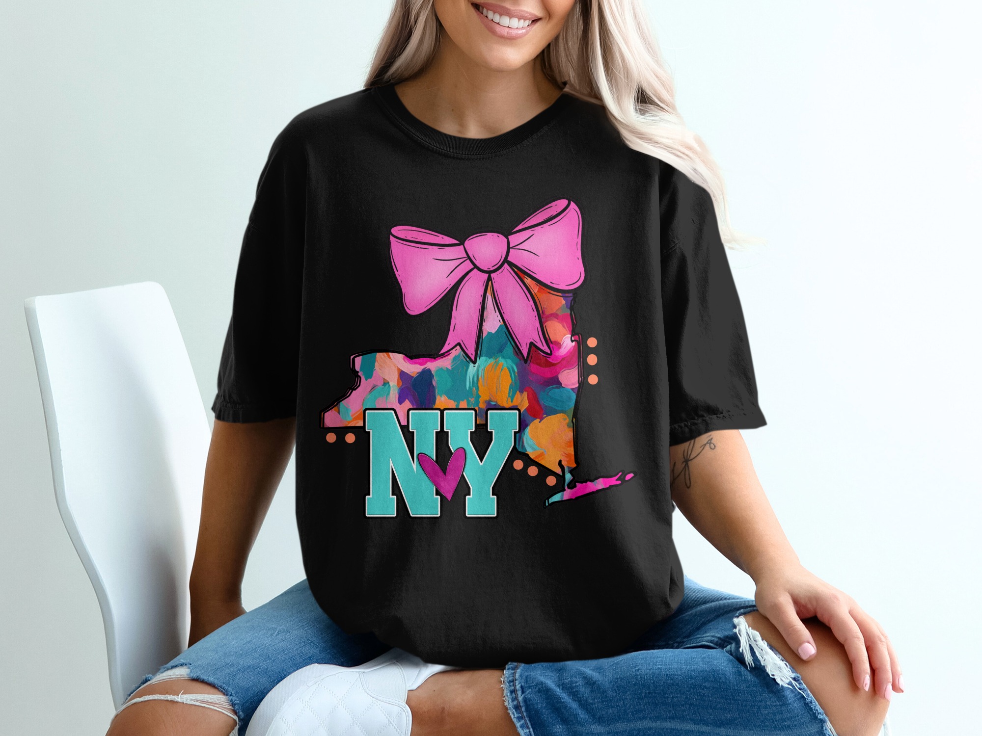 New York Bow T Shirt, ny State Tee, Colorful usa Map, State Pride Gift, Souvenir Tee, ny Lover Shirt, Travel ny T-Shirt - Image 2