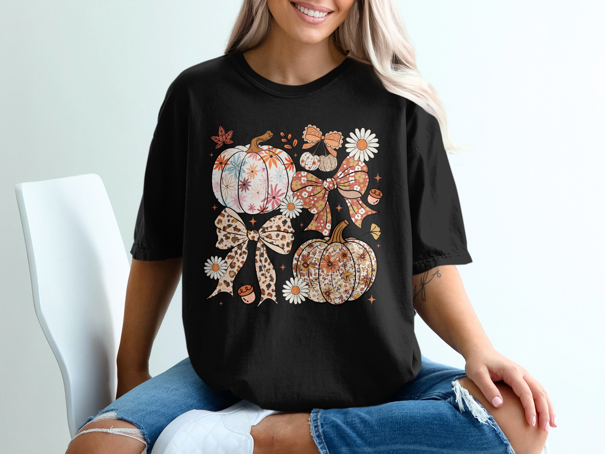 Fall T-Shirt, Floral Pumpkin Shirt, Autumn T Shirt, Thanksgiving Shirt, Cute Bows Tee, Thanksgiving Gift, Fall Graphic Tee, Retro Design - Image 2